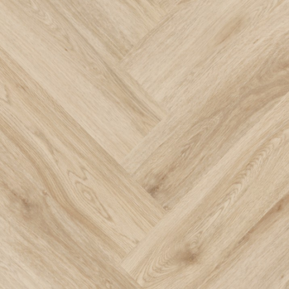 The Harlow Oak Herringbone SPC Flooring features a timeless oak design, suitable for underfloor heating, Titanium Nano finish and a 25 year warranty