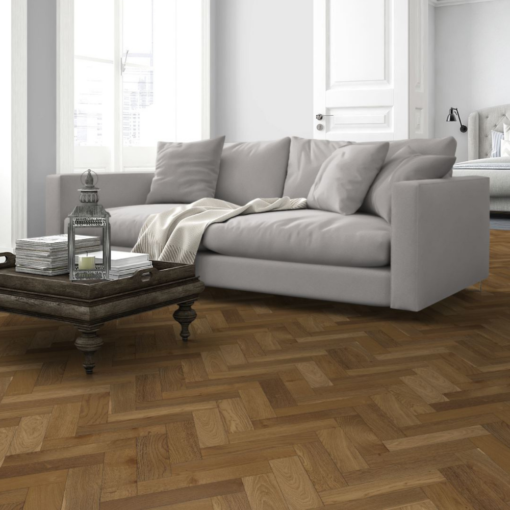The Harvest Oak Herringbone Engineered Flooring - 15mm features rich grain, durable multi layer construction and easy installation