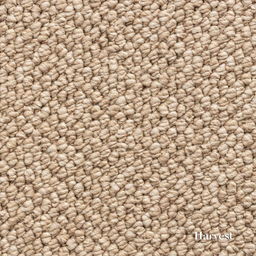 Close-up of beige carpet texture with 'Harvest' label