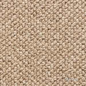 Close-up of beige carpet texture with 'Harvest' label