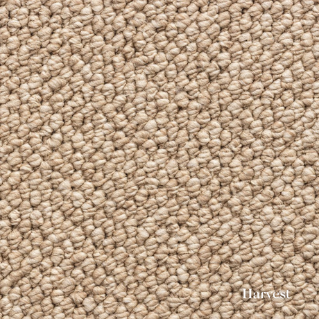 Close-up of beige carpet texture with 'Harvest' label