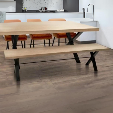 The Henry Oak Bench features a oak seat and sturdy black metal legs