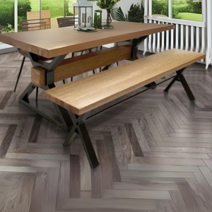 The Henry Oak Bench features a oak seat and sturdy black metal legs