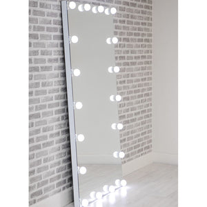 This Hollywood Floor Mirror provides stylish elegance with 18 lightbulbs around the edge of the mirror provide even illumination