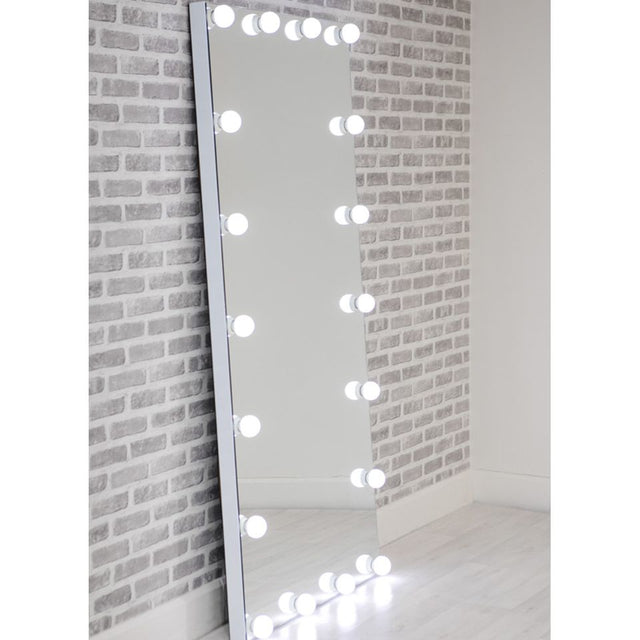 This Hollywood Floor Mirror provides stylish elegance with 18 lightbulbs around the edge of the mirror provide even illumination