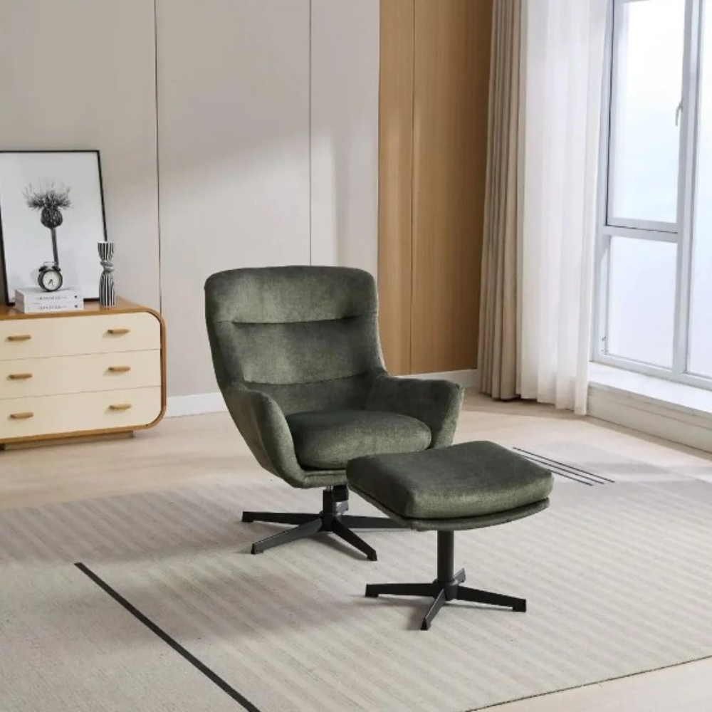 The Idris Swivel Chair & Footstool in Deep Ocean & Winter Moss features 360° rotation, plush comfort and sturdy metal base for stylish relaxation