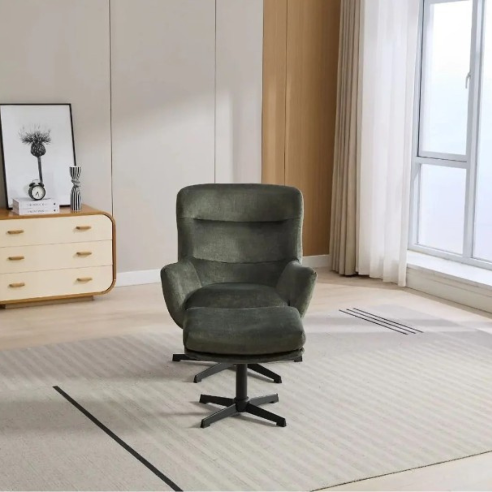 The Idris Swivel Chair & Footstool in Deep Ocean & Winter Moss features 360° rotation, plush comfort and sturdy metal base for stylish relaxation