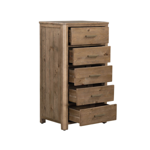 Wooden dresser with multiple drawers on a white background