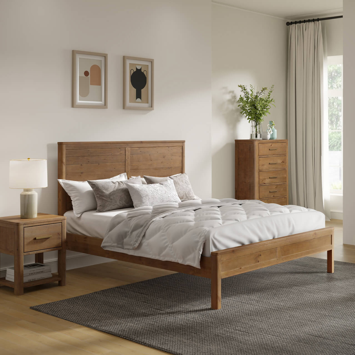 Wooden bed in a bedroom with nightstands, lamp, and chest of drawers.