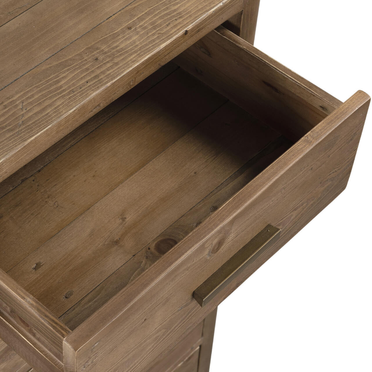 Wooden drawer with a brass handle on a white background
