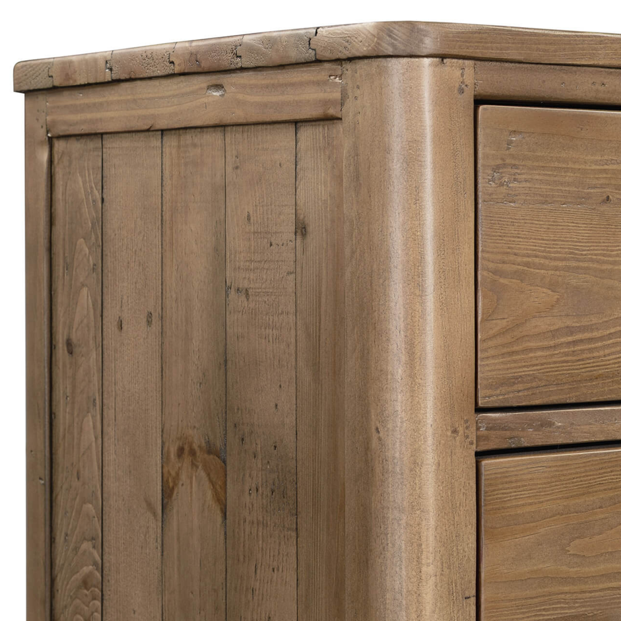 Close-up of a wooden cabinet with a rustic finish