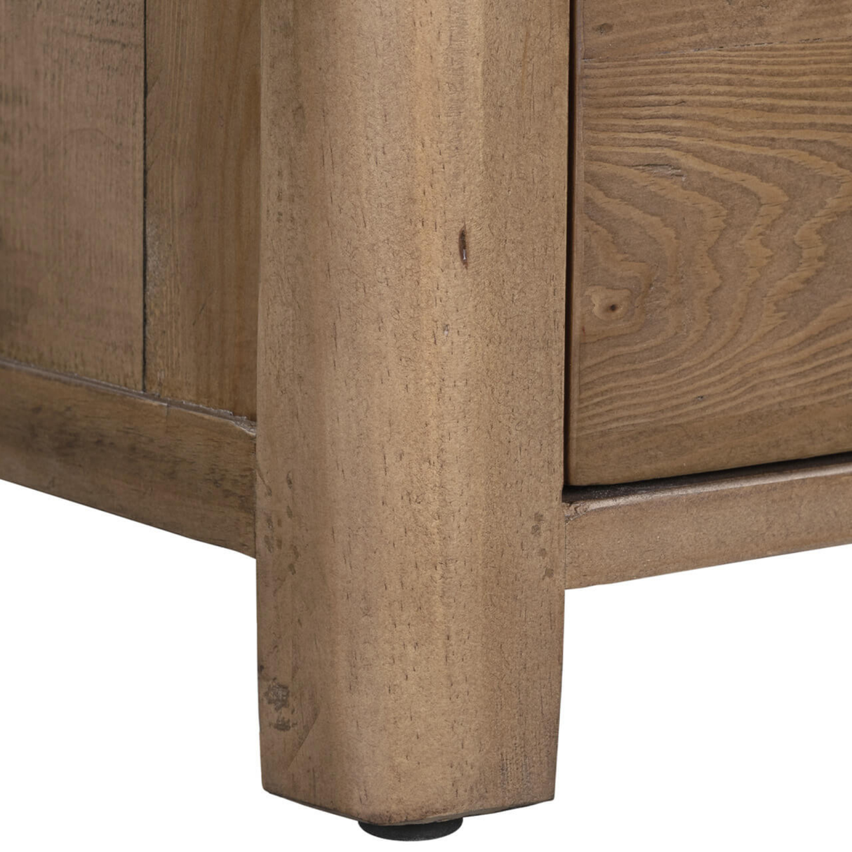 Close-up of a wooden cabinet corner with a neutral background