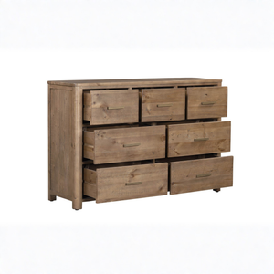 Wooden dresser with multiple drawers on a white background