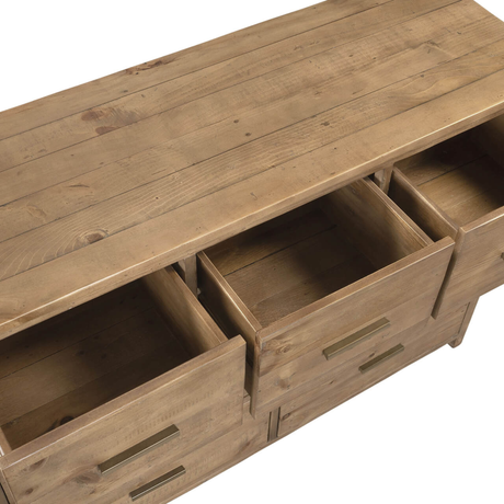 Wooden console table with drawers on a white background