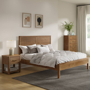 Wooden bed with white bedding in a bedroom setting with nightstands and artwork.