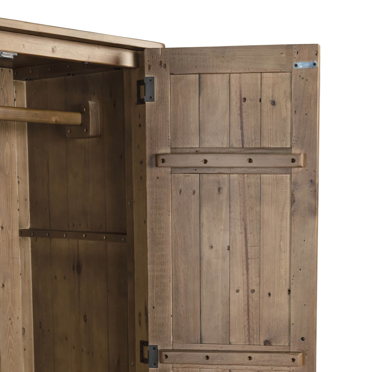 Wooden wardrobe with open door on a white background