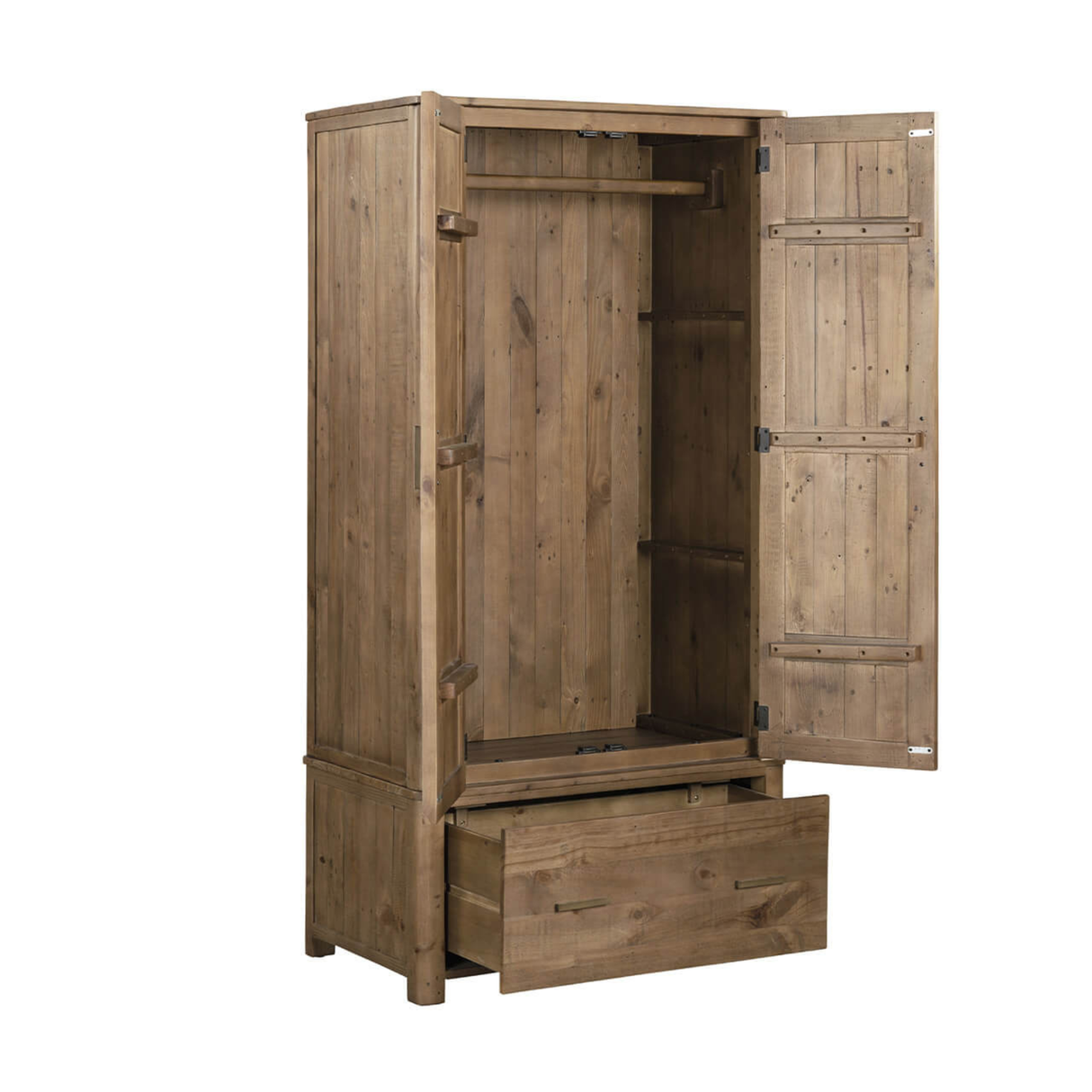 Wooden wardrobe with open doors on a white background