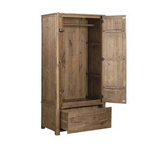 Wooden wardrobe with open doors on a white background
