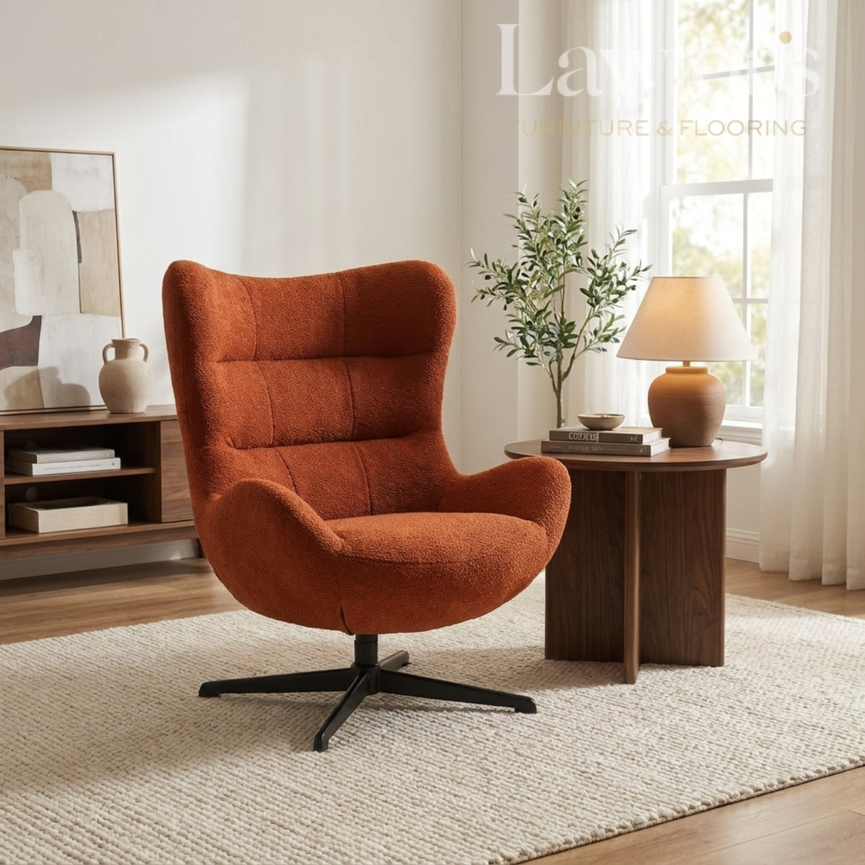 Orange swivel armchair in a living room setting with a side table and lamp.