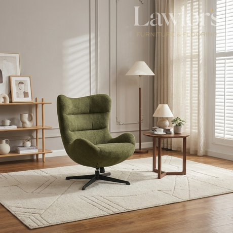Green swivel armchair in a living room