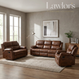 A tan PU leather 3+2+1 reclining sofa set arranged on a light rug in a staged living room. The room has textured gray walls, wood flooring, a floor lamp, and a framed abstract print.