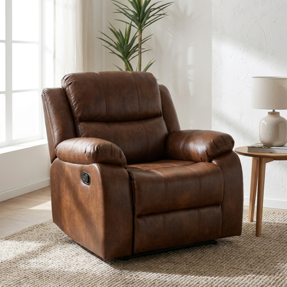 A tan PU leather recliner chair with a power control button on the side, shown in a bright living room setting next to a wooden side table with a lamp.