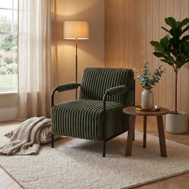 The Jolie Velvet Accent Chair in Green & White features soft velvet, padded armrests and a strong metal frame for a modern, comfortable statement piece