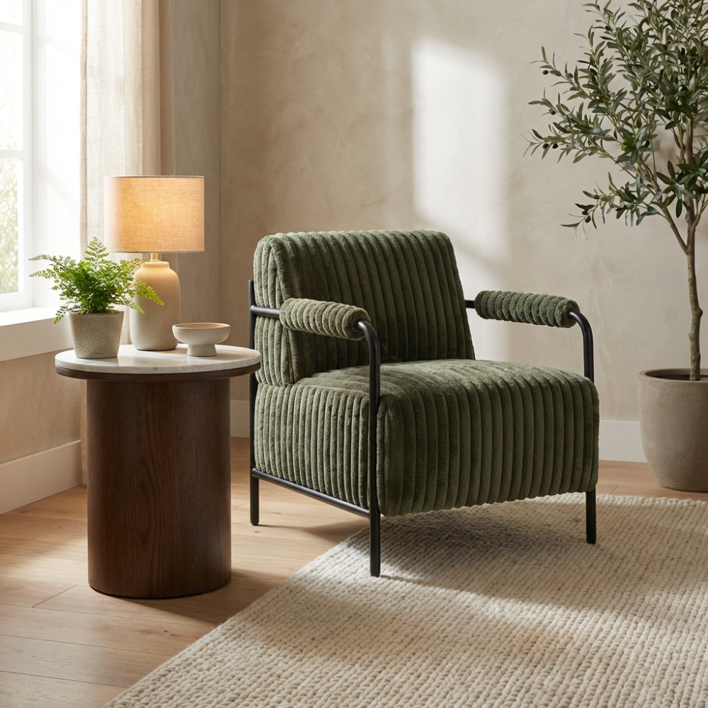 The Jolie Velvet Accent Chair in Green & White features soft velvet, padded armrests and a strong metal frame for a modern, comfortable statement piece