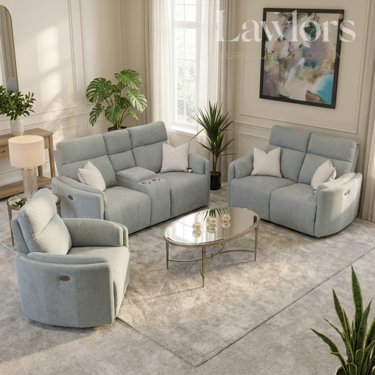 Modern living room with grey 3+2+1 sofa set and armchair