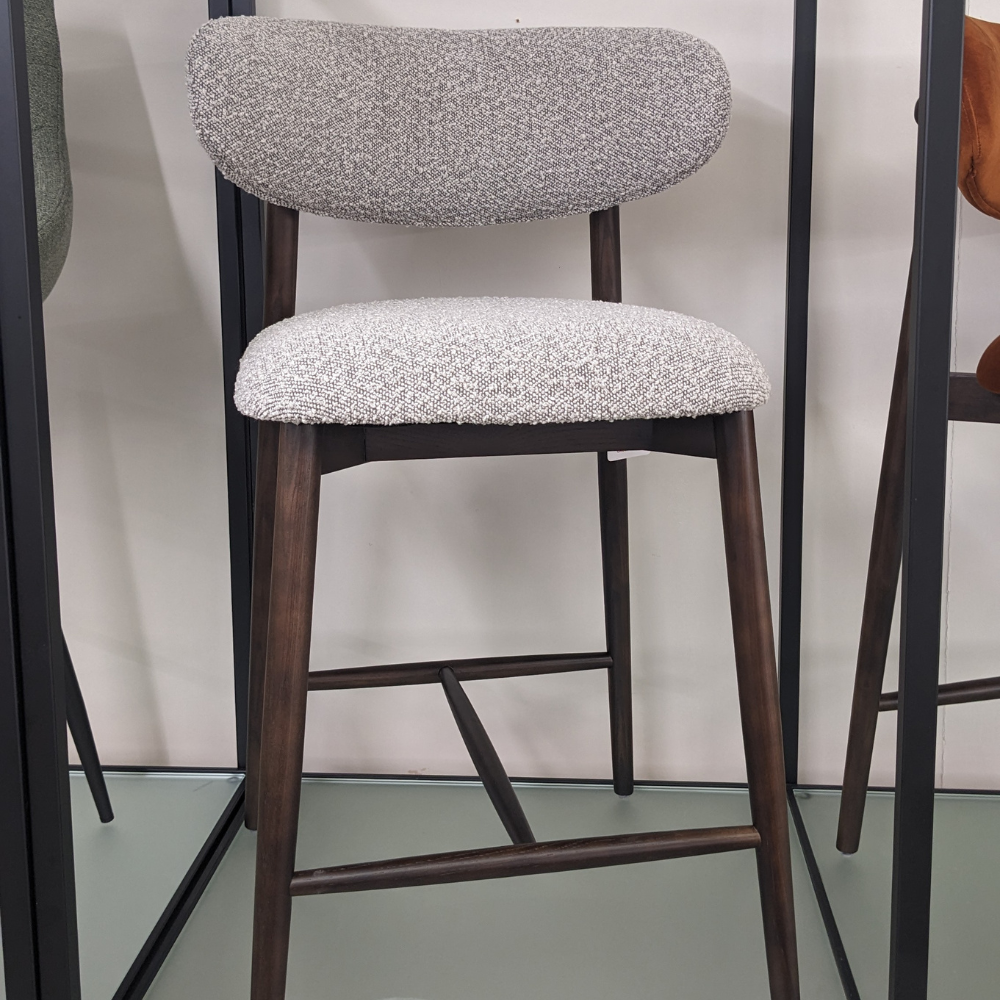 The Jude Barstools in Moss Green and Grey Boucle and Rusty Orange Velvet with wooden frame and legs for a modern design, comfort and timeless style