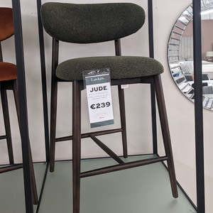 The Jude Barstools in Moss Green and Grey Boucle and Rusty Orange Velvet with wooden frame and legs for a modern design, comfort and timeless style