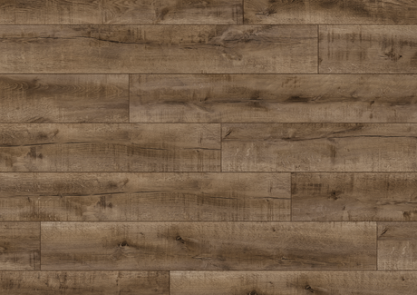 The Earth Oak Laminate Flooring - 12mm features real wood look, antibacterial, AC4 wear rating, underfloor heating compatible, 20-year guarantee, Click2go locking system.