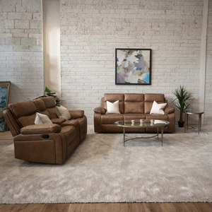 The Kildare Recliner Sofa in Tan offers soft fabric, padded headrests, manual reclining, and multiple size options, delivery all around Ireland!