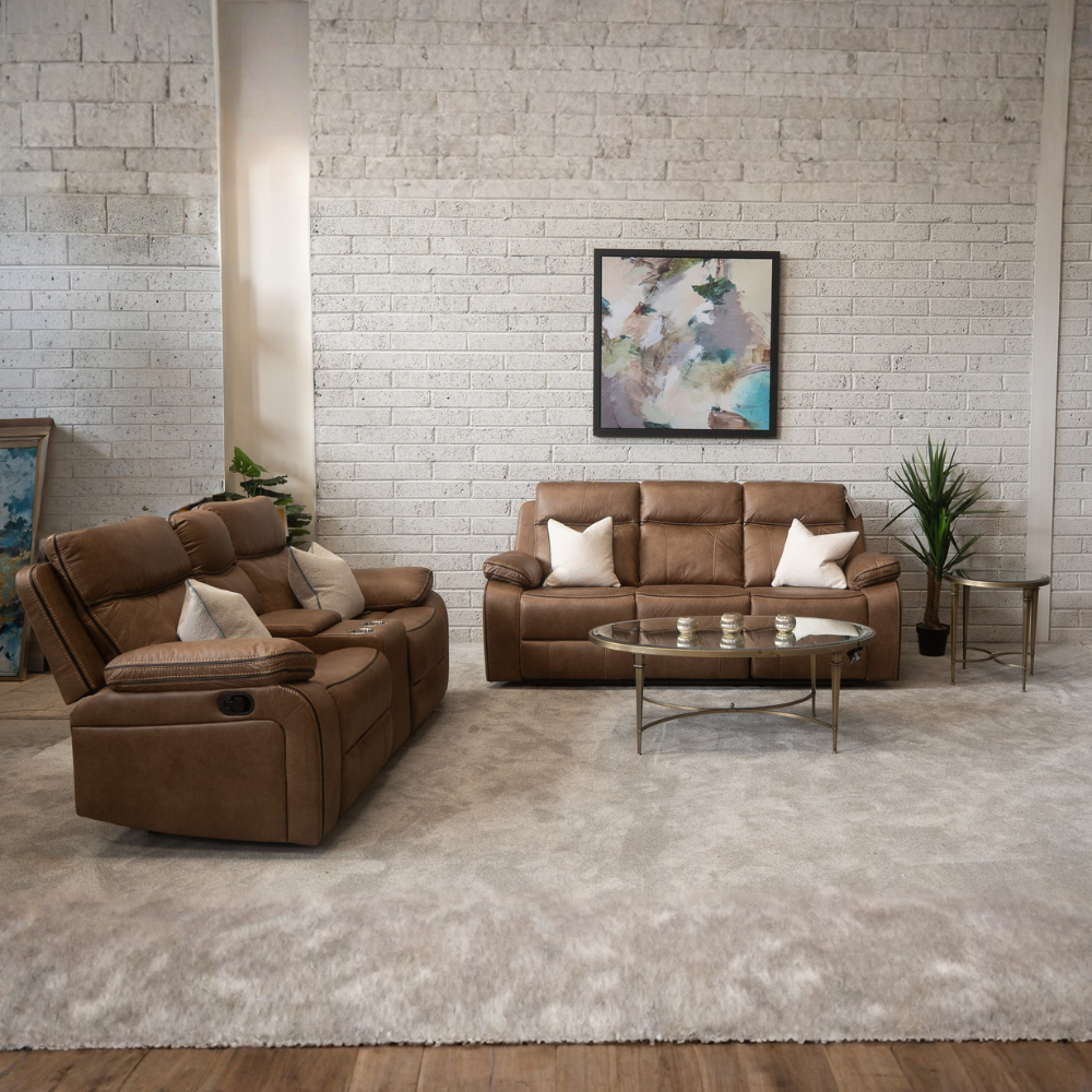The Kildare Recliner Sofa in Tan offers soft fabric, padded headrests, manual reclining, and multiple size options, delivery all around Ireland!
