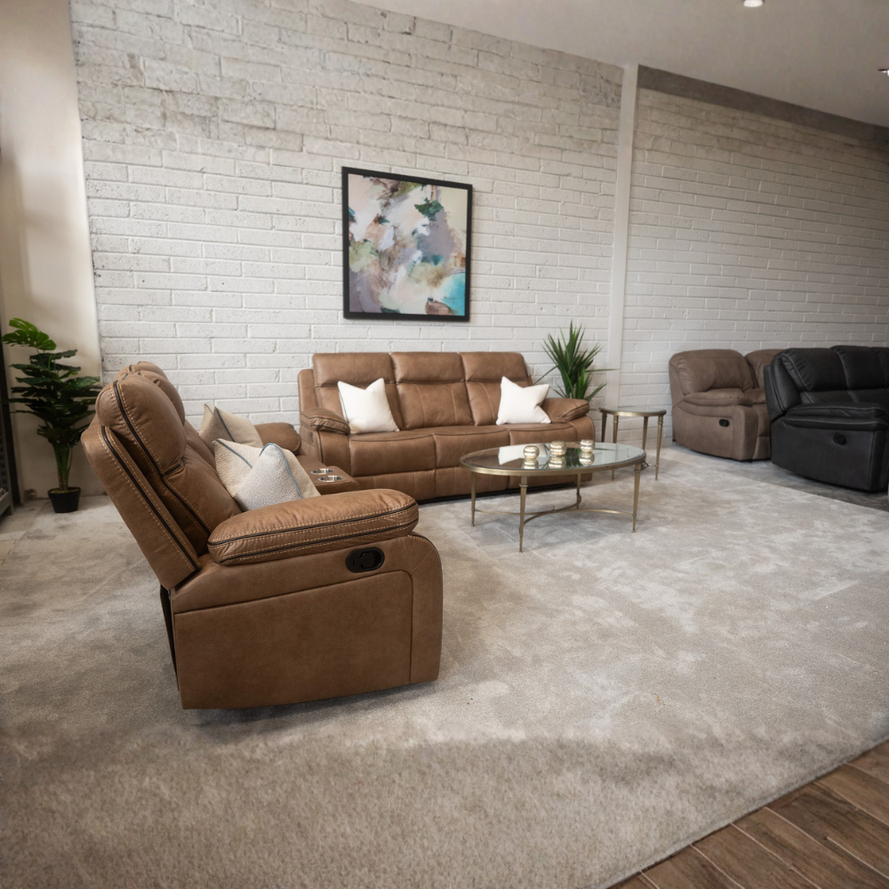 The Kildare Recliner Sofa in Tan offers soft fabric, padded headrests, manual reclining, and multiple size options, delivery all around Ireland!