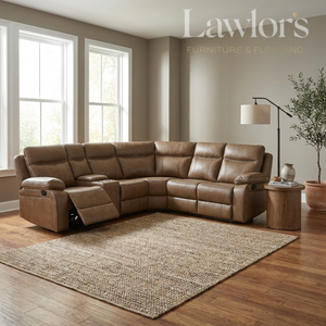 Brown leather sectional recliner corner sofa in a living room