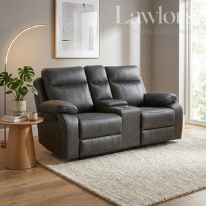 Gunmetal grey 2 seater leather sofa in a living room setting