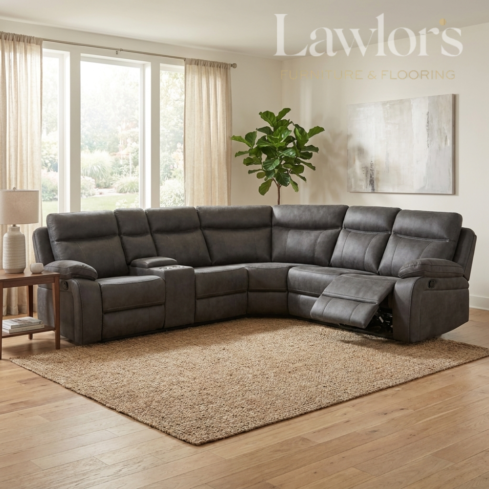 Gunmetal grey recliner corner sectional sofa in a living room