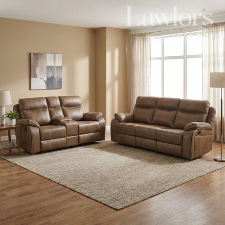 Brown leather 3+2 recliner sofa set in a living room