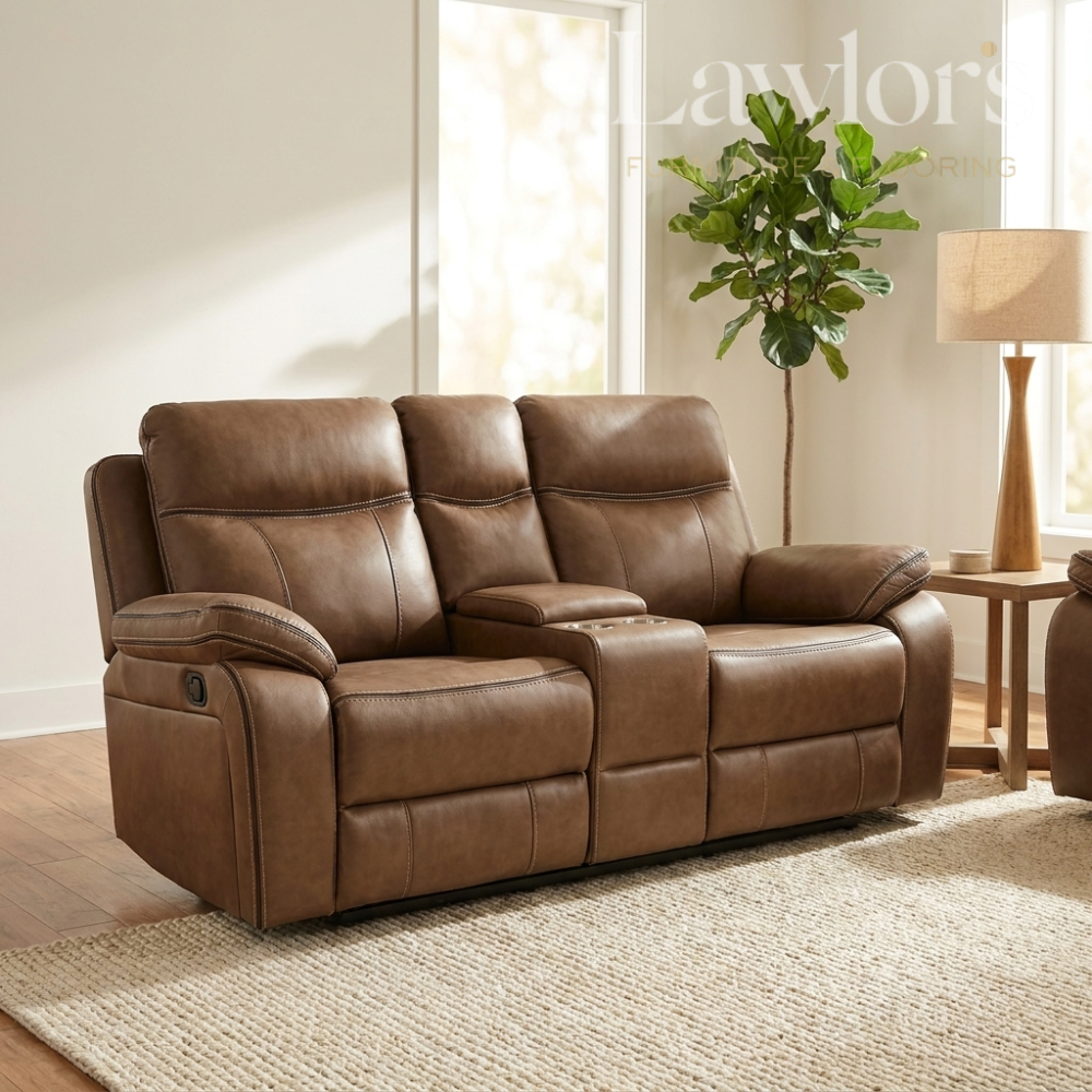 Brown leather 2 seater recliner sofa in a living room setting