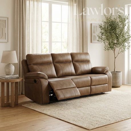 Brown leather 3 seater recliner sofa in a living room setting