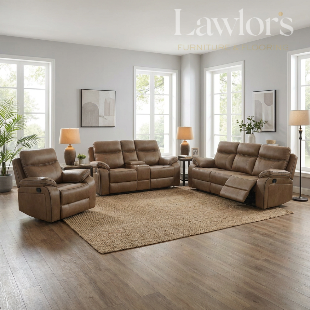 Brown leather 3+2+1 reclining sofa set in a living room