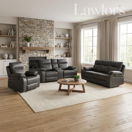Living room with gray 3+2+1 leather sofa and armchair set, wooden coffee table, and stone fireplace.