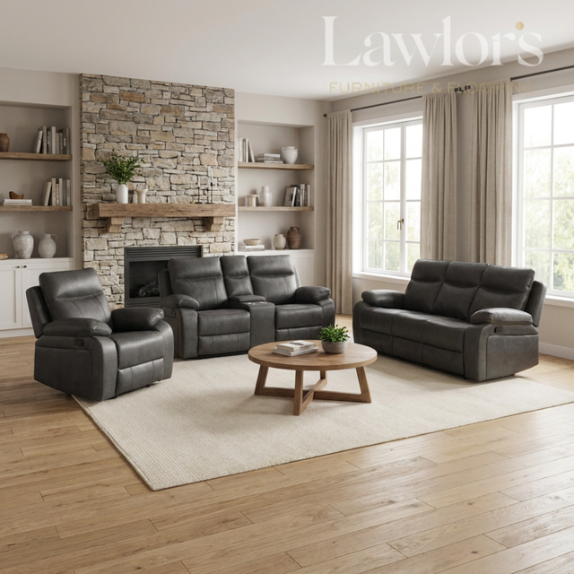Living room with gray 3+2+1 leather sofa and armchair set, wooden coffee table, and stone fireplace.