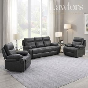 Gray leather 3+1+1 sofa set with recliners in a living room setting