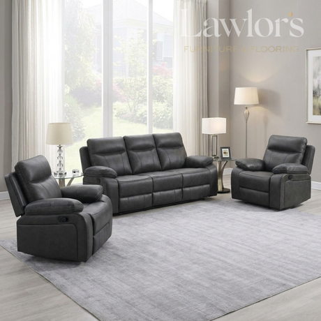 Gray leather 3+1+1 sofa set with recliners in a living room setting