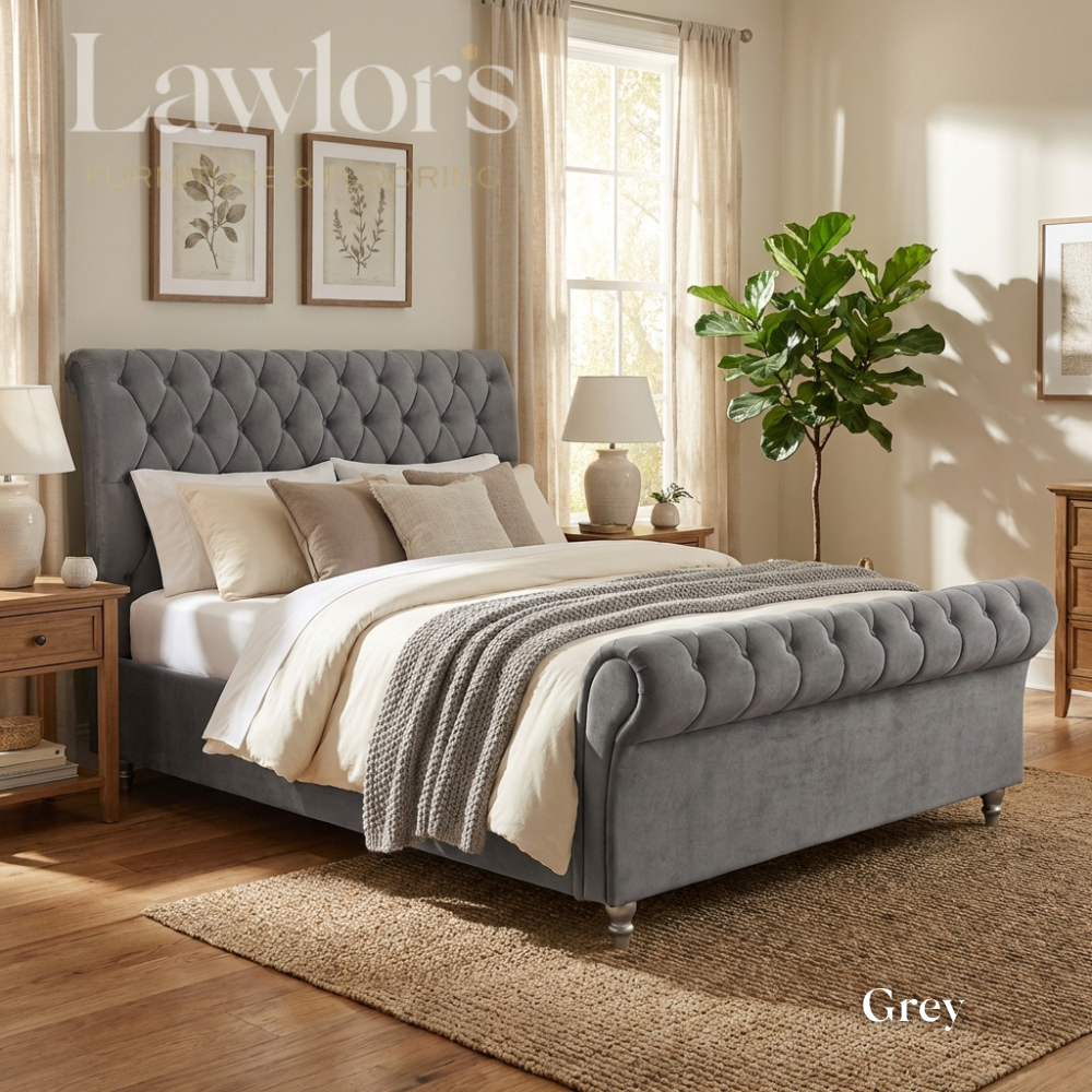 Grey upholstered bed and mattress in a well-lit bedroom bed pack