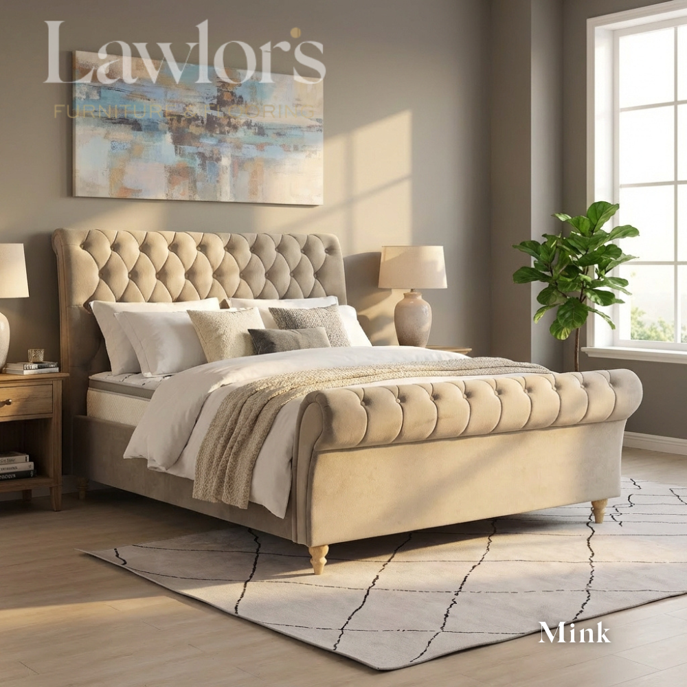 Mink upholstered bed and mattress in a well-lit bedroom bed pack