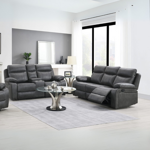 The Kildare Recliner Sofa Set 3+2 in Gunmetal Grey offers soft fabric, padded headrests & reclining feature