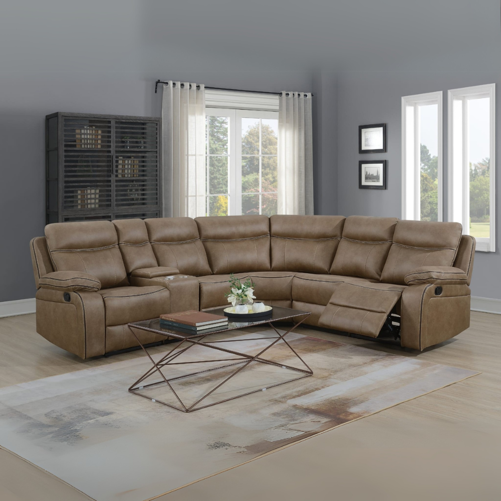 The Kildare Recliner Sofa in Tan offers soft fabric, padded headrests, manual reclining, and multiple size options